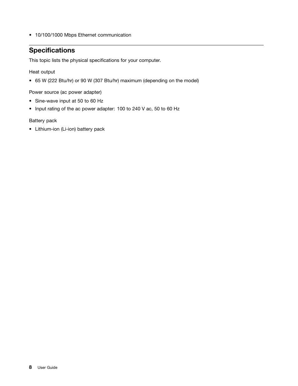 Specifications | Lenovo E4325 User Manual | Page 22 / 70