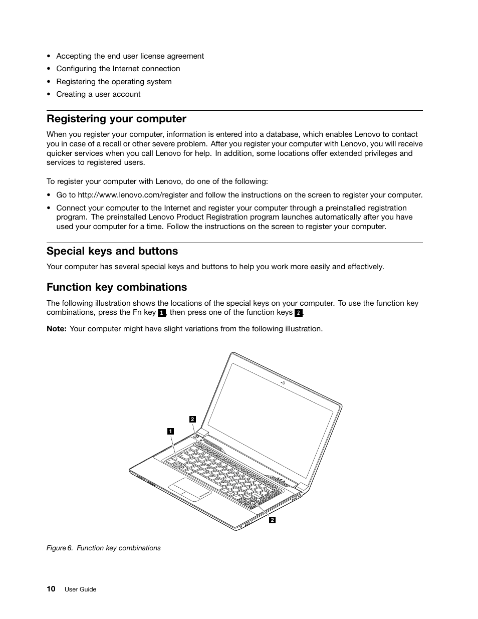 Registering your computer, Special keys and buttons, Function key combinations | Lenovo E4325 User Manual | Page 24 / 70