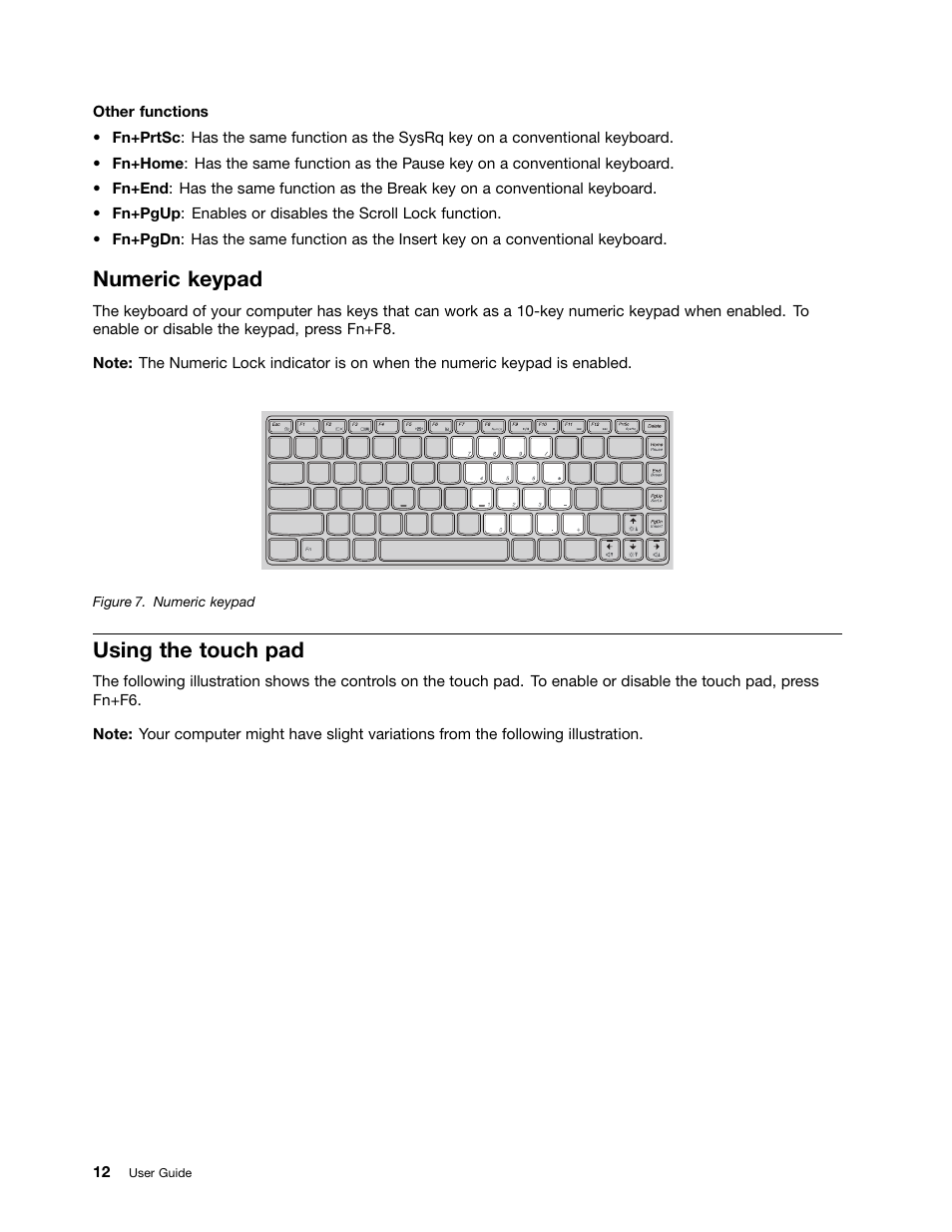 Numeric keypad, Using the touch pad | Lenovo E4325 User Manual | Page 26 / 70