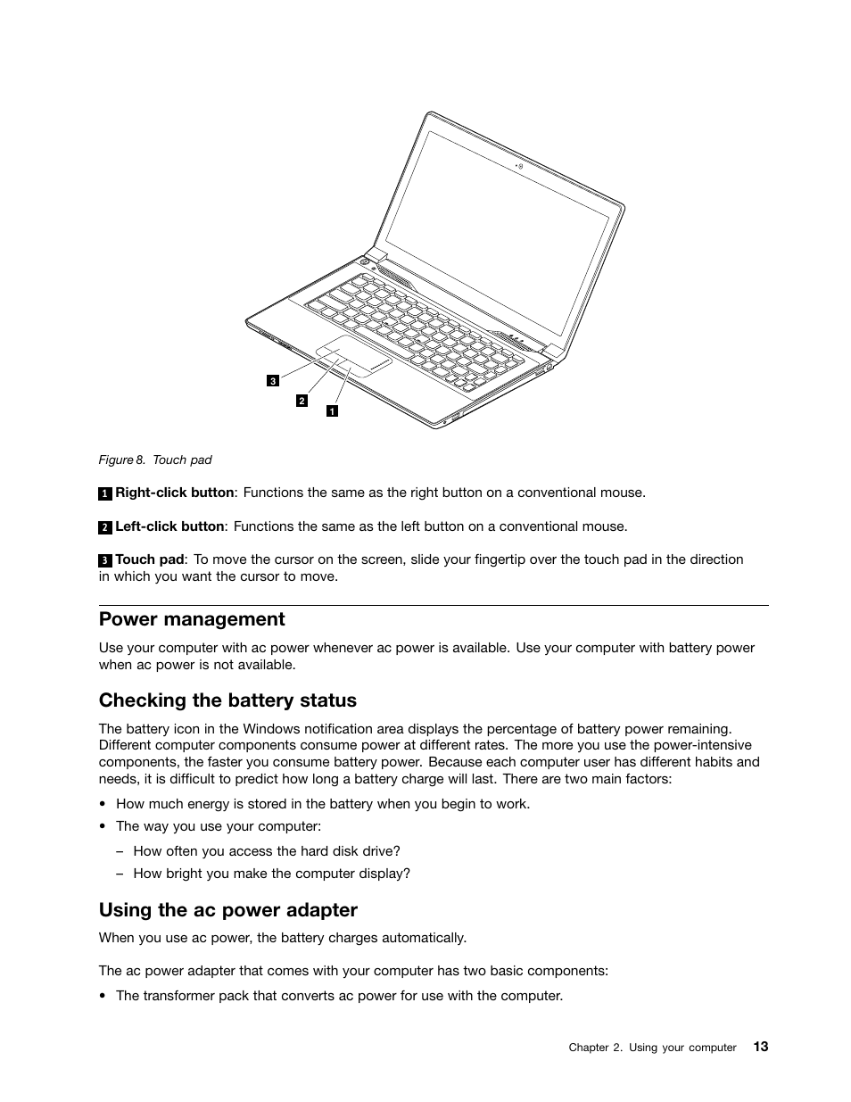 Power management, Checking the battery status, Using the ac power adapter | Lenovo E4325 User Manual | Page 27 / 70