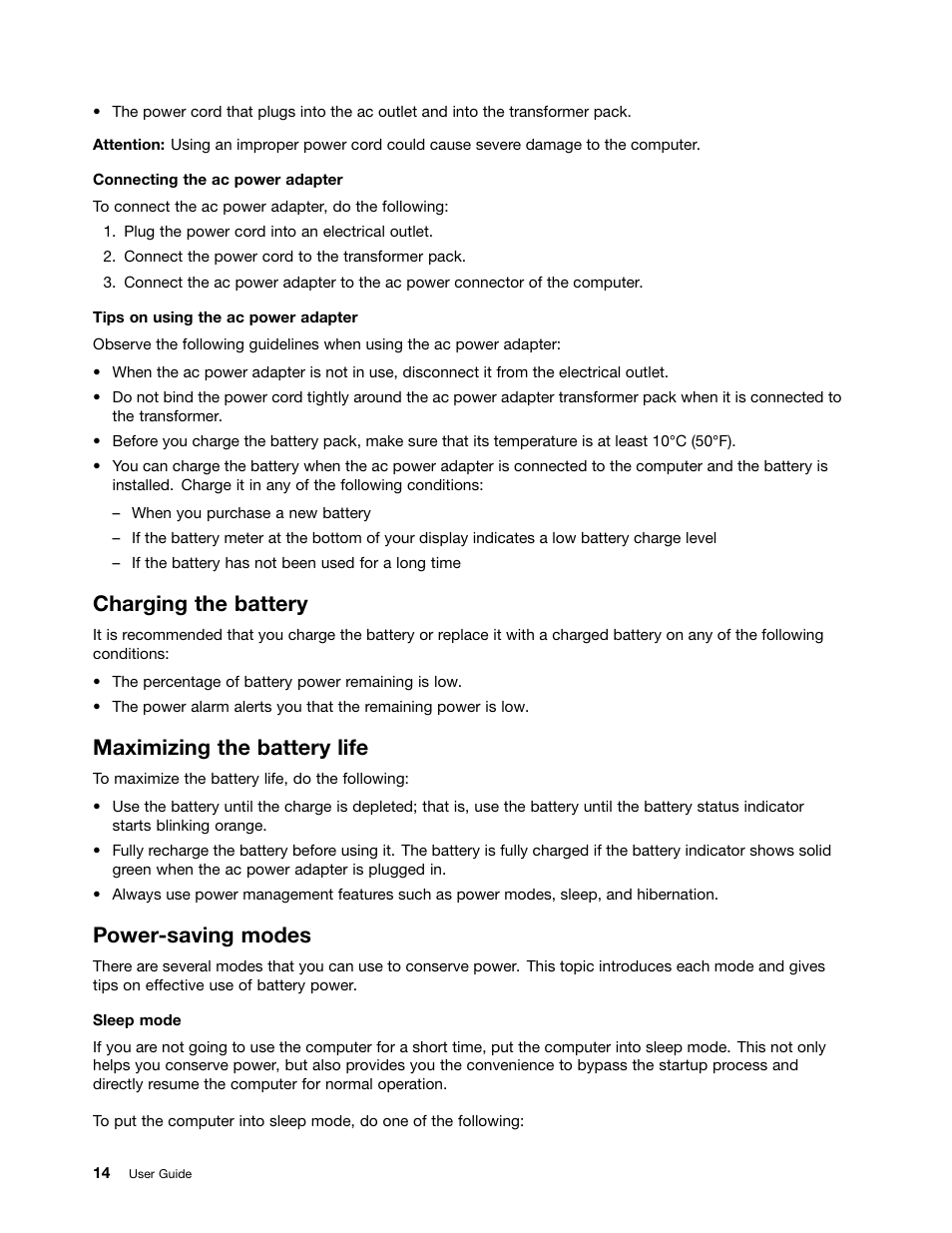 Charging the battery, Maximizing the battery life, Power-saving modes | Power-saving | Lenovo E4325 User Manual | Page 28 / 70