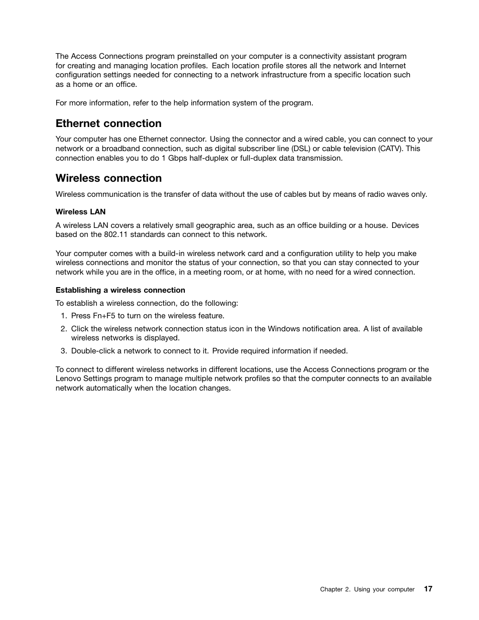 Ethernet connection, Wireless connection | Lenovo E4325 User Manual | Page 31 / 70