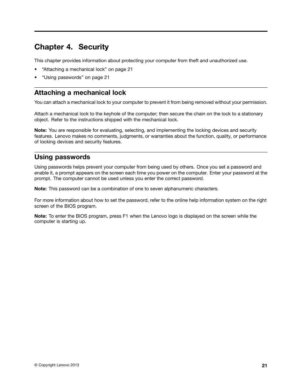 Chapter 4. security, Attaching a mechanical lock, Using passwords | Lenovo E4325 User Manual | Page 35 / 70