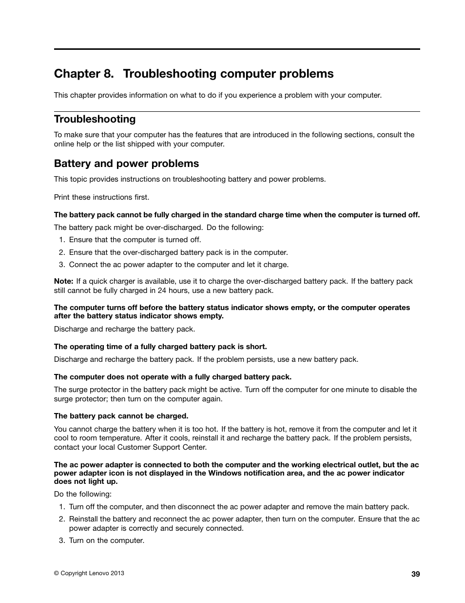 Chapter 8. troubleshooting computer problems, Troubleshooting, Battery and power problems | Lenovo E4325 User Manual | Page 53 / 70