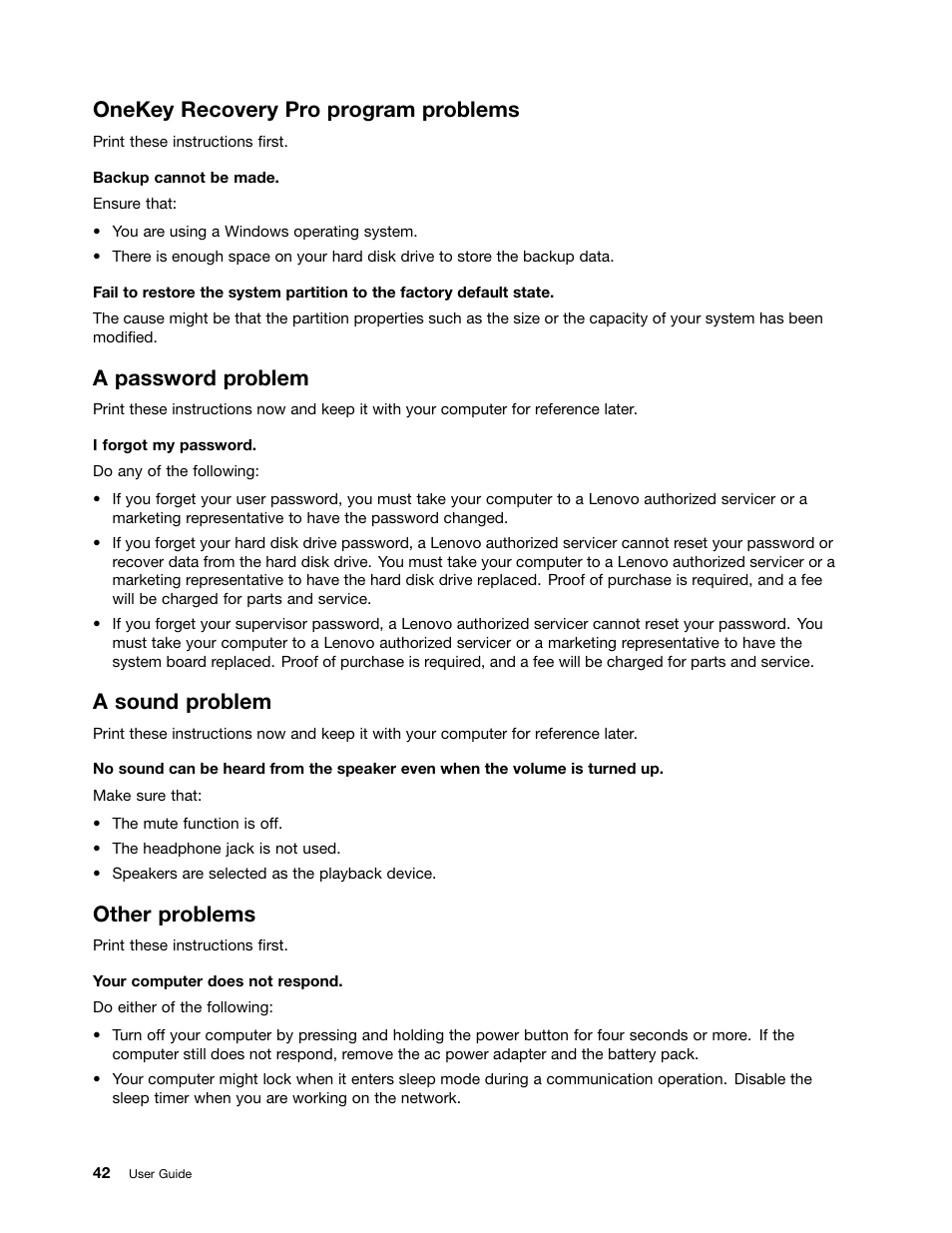 Onekey recovery pro program problems, A password problem, A sound problem | Other problems | Lenovo E4325 User Manual | Page 56 / 70