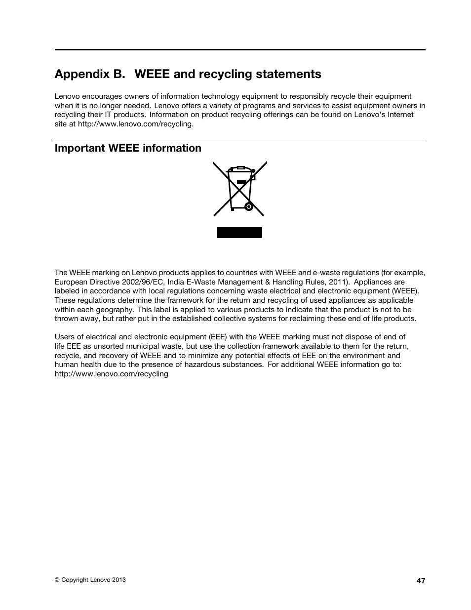 Appendix b. weee and recycling statements, Important weee information | Lenovo E4325 User Manual | Page 61 / 70