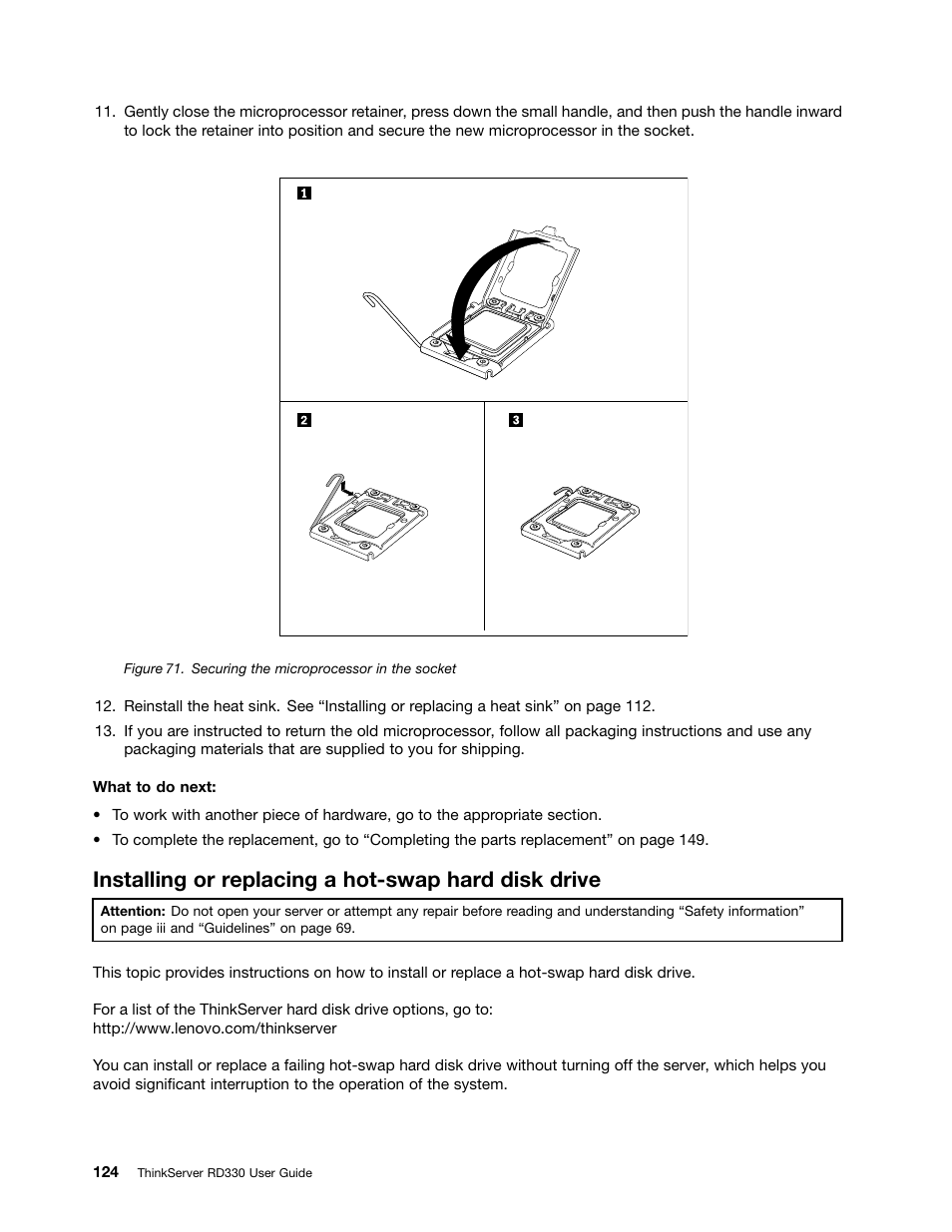 Installing or replacing a hot-swap hard disk drive | Lenovo ThinkServer RD330 User Manual | Page 136 / 192