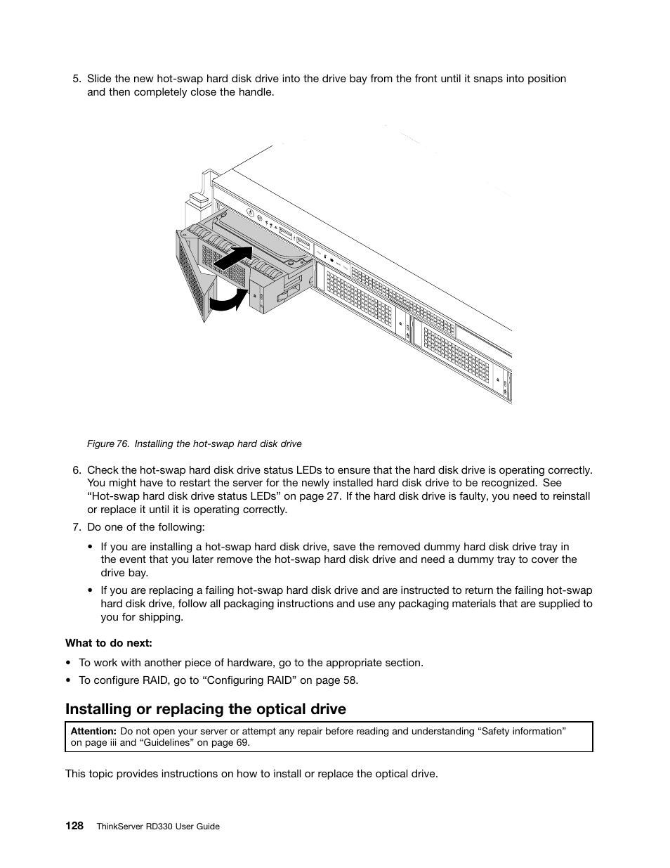 Installing or replacing the optical drive | Lenovo ThinkServer RD330 User Manual | Page 140 / 192