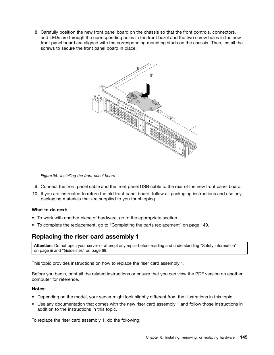 Replacing the riser card assembly 1, Replacing the riser card | Lenovo ThinkServer RD330 User Manual | Page 157 / 192