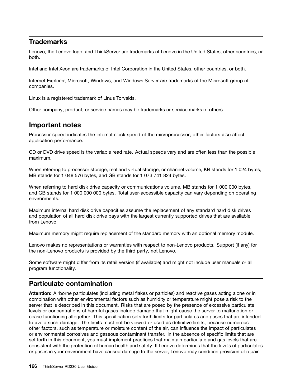 Trademarks, Important notes, Particulate contamination | Lenovo ThinkServer RD330 User Manual | Page 178 / 192