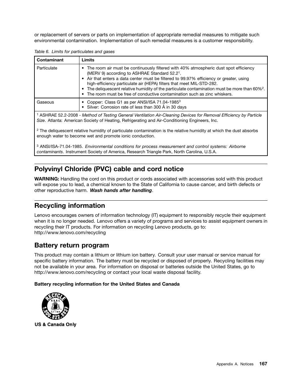 Polyvinyl chloride (pvc) cable and cord notice, Recycling information, Battery return program | Lenovo ThinkServer RD330 User Manual | Page 179 / 192