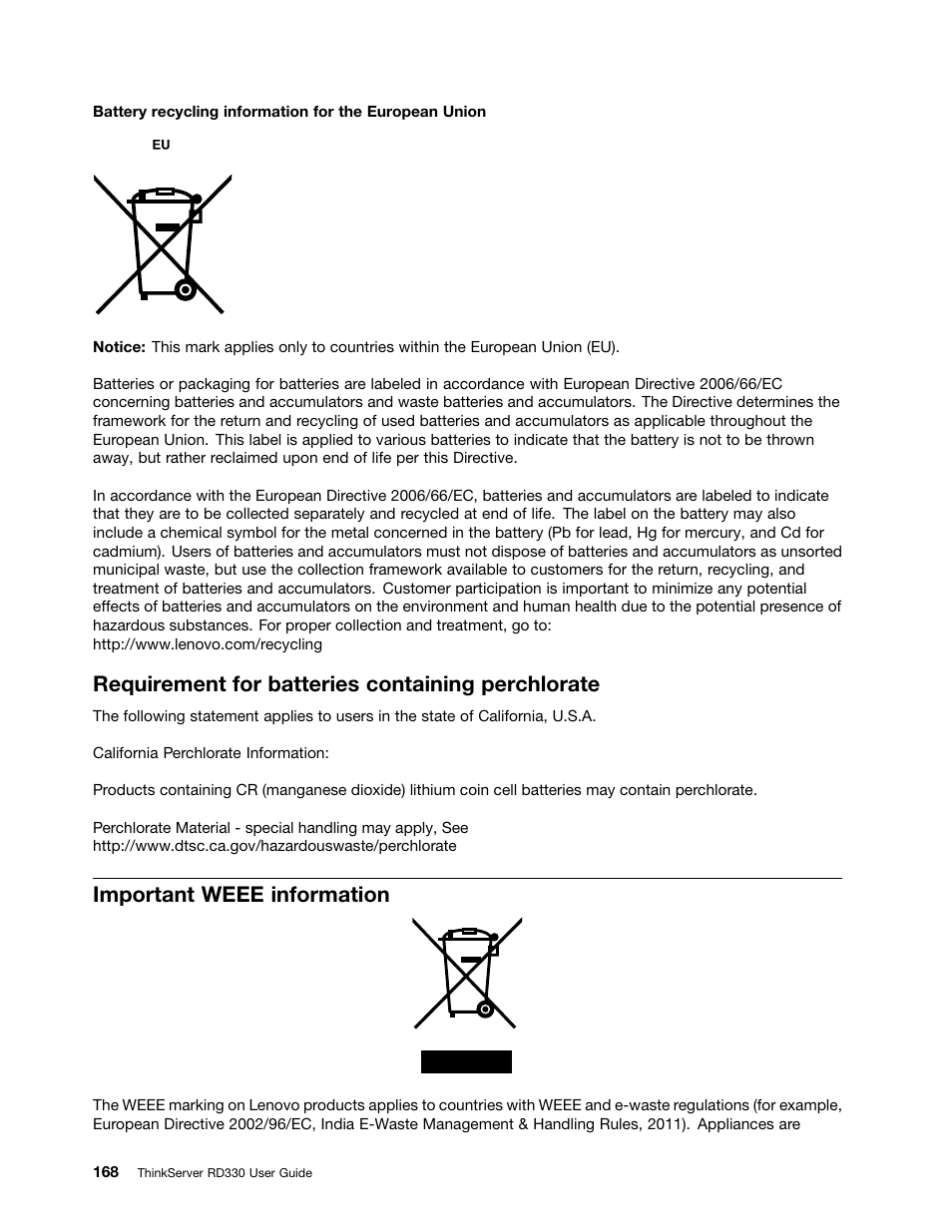 Requirement for batteries containing perchlorate, Important weee information | Lenovo ThinkServer RD330 User Manual | Page 180 / 192
