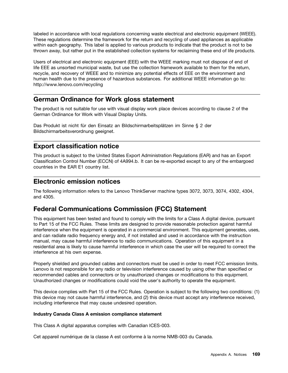 German ordinance for work gloss statement, Export classification notice, Electronic emission notices | Federal communications commission (fcc) statement | Lenovo ThinkServer RD330 User Manual | Page 181 / 192