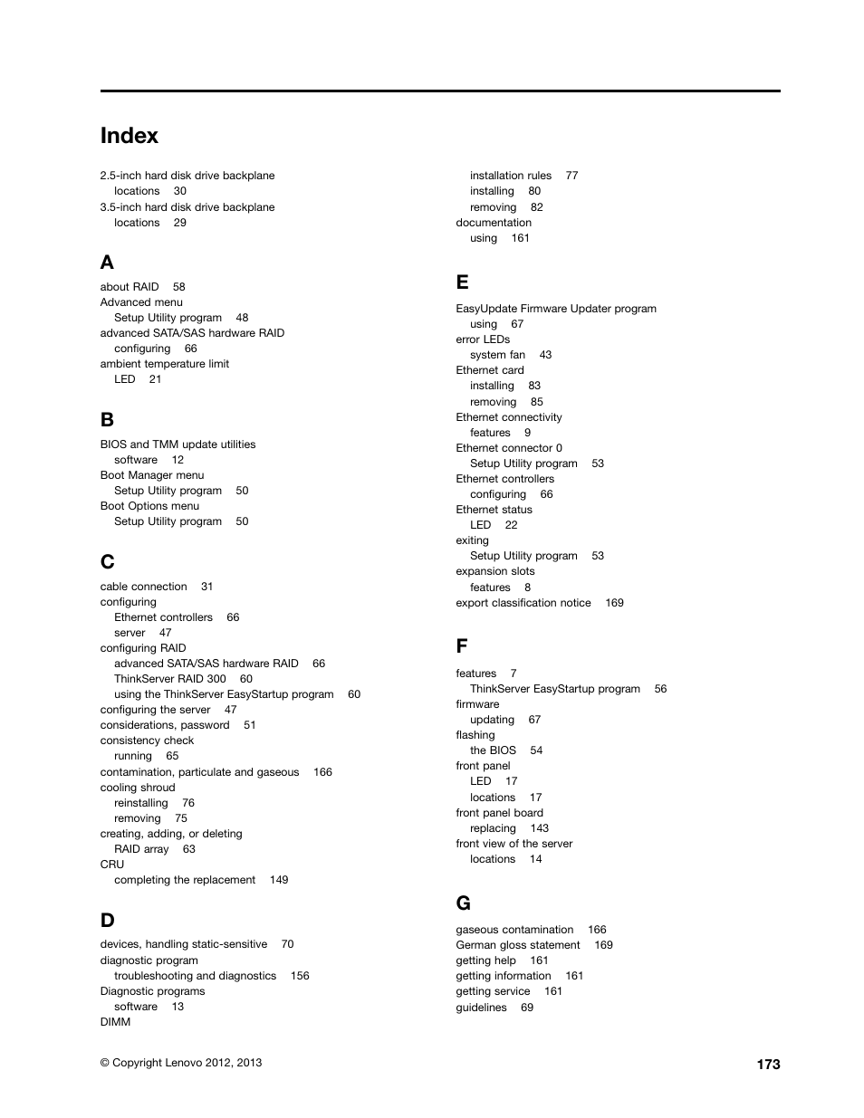 Index | Lenovo ThinkServer RD330 User Manual | Page 185 / 192