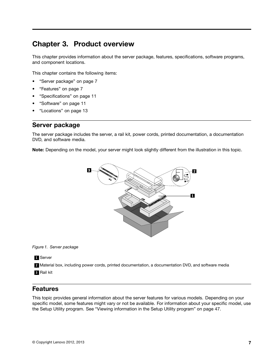 Chapter 3. product overview, Server package, Features | Lenovo ThinkServer RD330 User Manual | Page 19 / 192