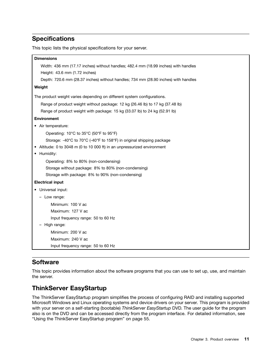 Specifications, Software, Thinkserver easystartup | Lenovo ThinkServer RD330 User Manual | Page 23 / 192