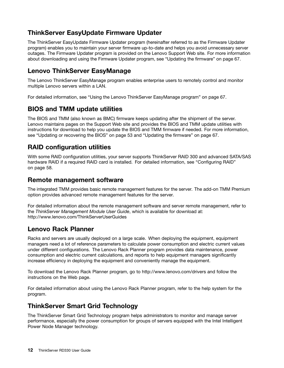 Thinkserver easyupdate firmware updater, Lenovo thinkserver easymanage, Bios and tmm update utilities | Raid configuration utilities, Remote management software, Lenovo rack planner, Thinkserver smart grid technology | Lenovo ThinkServer RD330 User Manual | Page 24 / 192