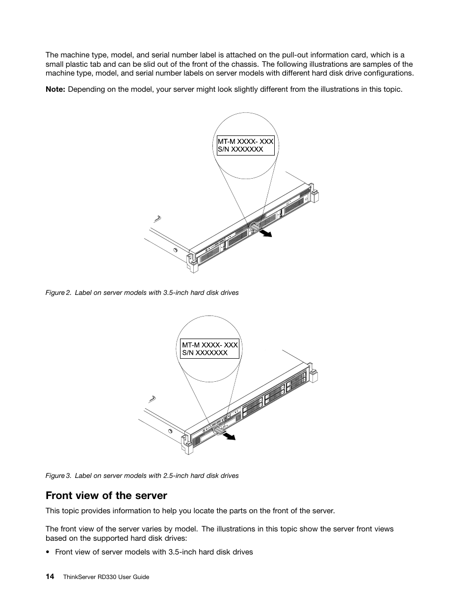 Front view of the server | Lenovo ThinkServer RD330 User Manual | Page 26 / 192