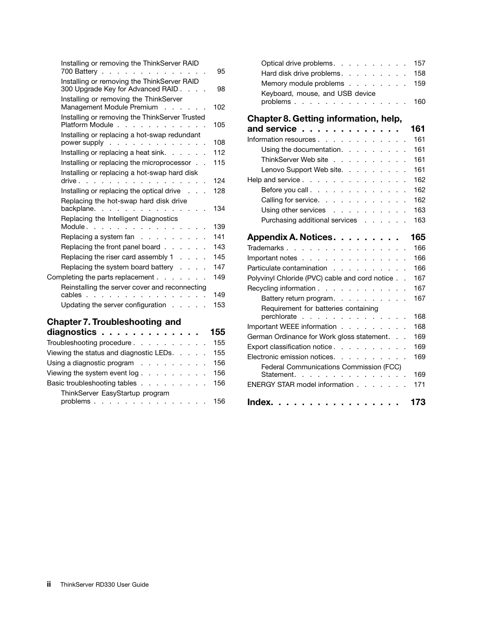 Chapter 7. troubleshooting and diagnostics, Chapter 8. getting information, help, and service, Appendix a. notices | Index | Lenovo ThinkServer RD330 User Manual | Page 4 / 192