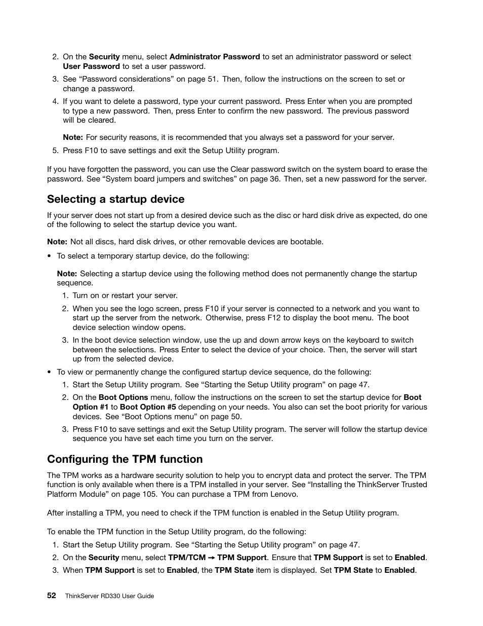 Selecting a startup device, Configuring the tpm function | Lenovo ThinkServer RD330 User Manual | Page 64 / 192