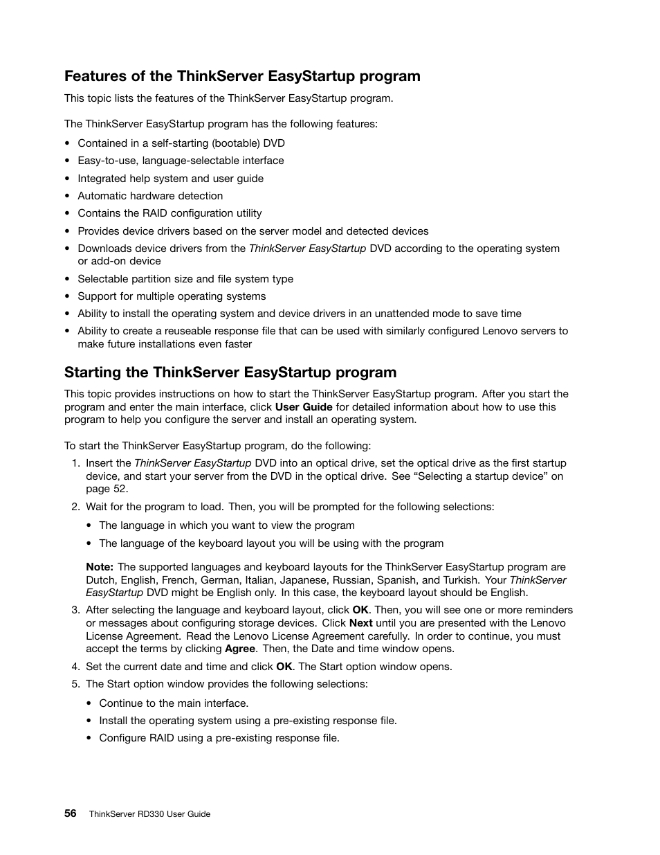 Features of the thinkserver easystartup program, Starting the thinkserver easystartup program | Lenovo ThinkServer RD330 User Manual | Page 68 / 192