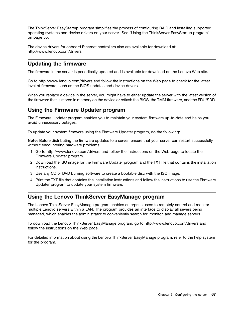 Updating the firmware, Using the firmware updater program, Using the lenovo thinkserver easymanage program | Lenovo ThinkServer RD330 User Manual | Page 79 / 192
