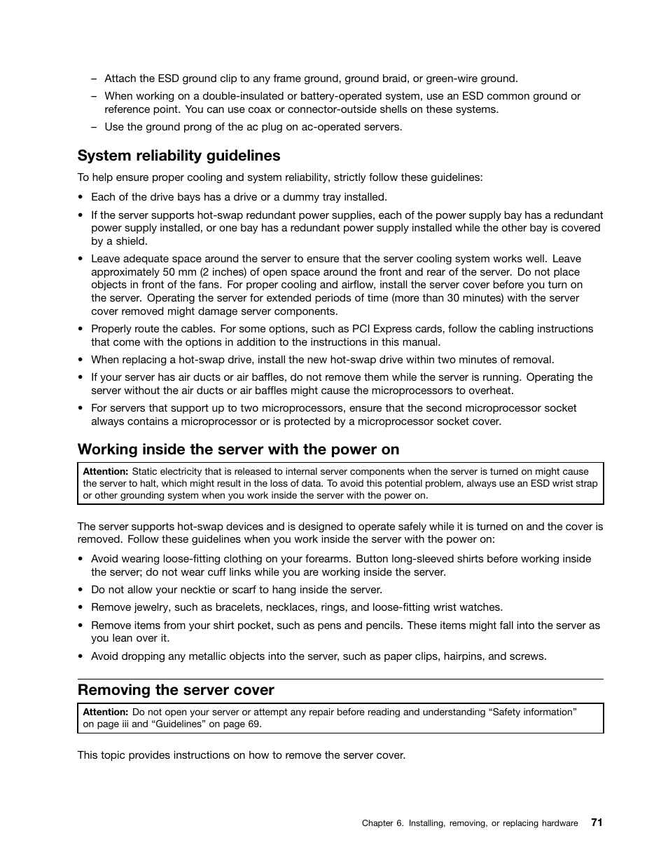 System reliability guidelines, Working inside the server with the power on, Removing the server cover | Lenovo ThinkServer RD330 User Manual | Page 83 / 192