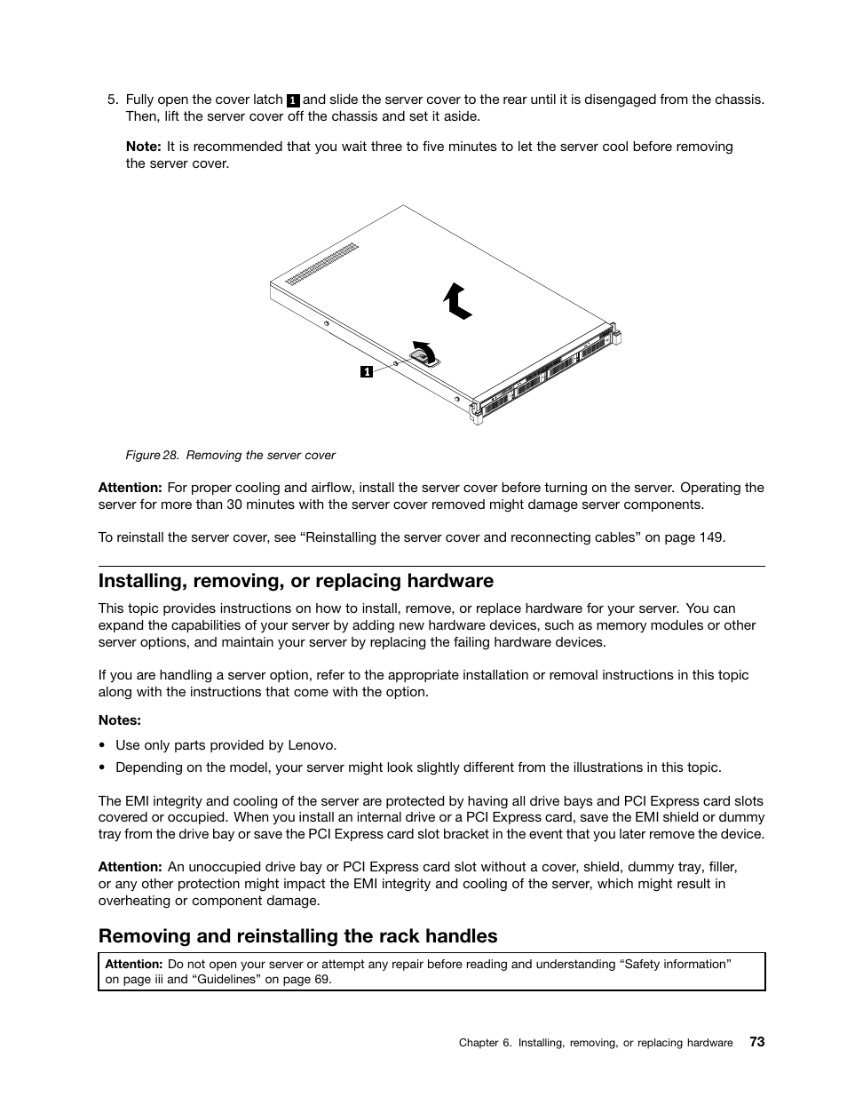 Installing, removing, or replacing hardware, Removing and reinstalling the rack handles | Lenovo ThinkServer RD330 User Manual | Page 85 / 192