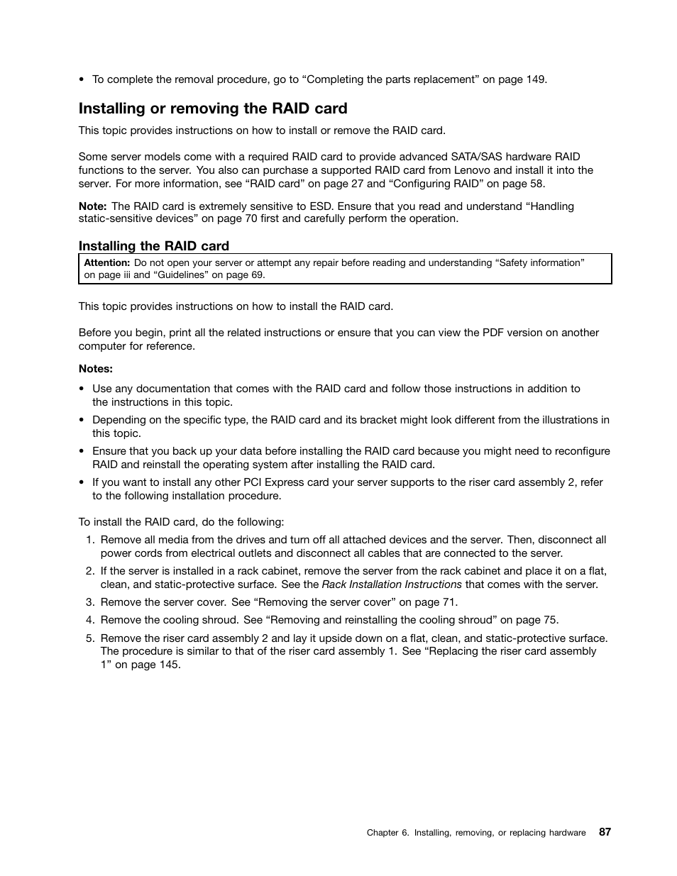 Installing or removing the raid card | Lenovo ThinkServer RD330 User Manual | Page 99 / 192