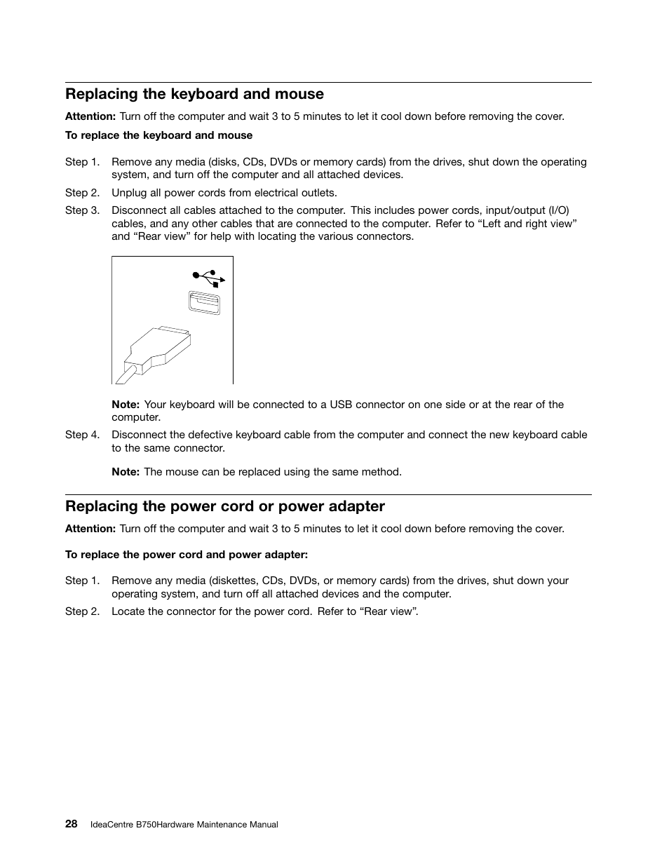 Replacing the keyboard and mouse, Replacing the power cord or power adapter | Lenovo IdeaCentre B750 All-in-One User Manual | Page 34 / 61