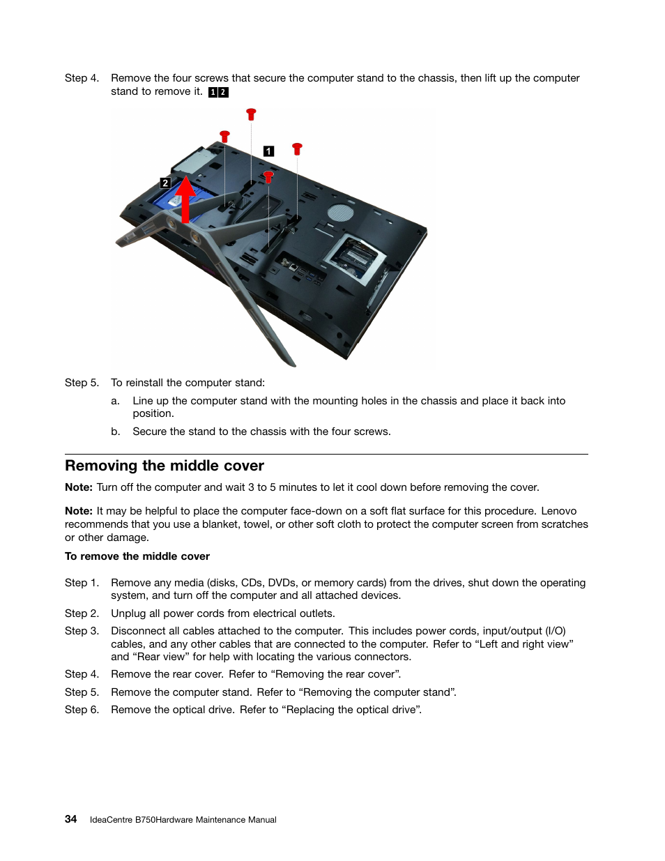 Removing the middle cover | Lenovo IdeaCentre B750 All-in-One User Manual | Page 40 / 61
