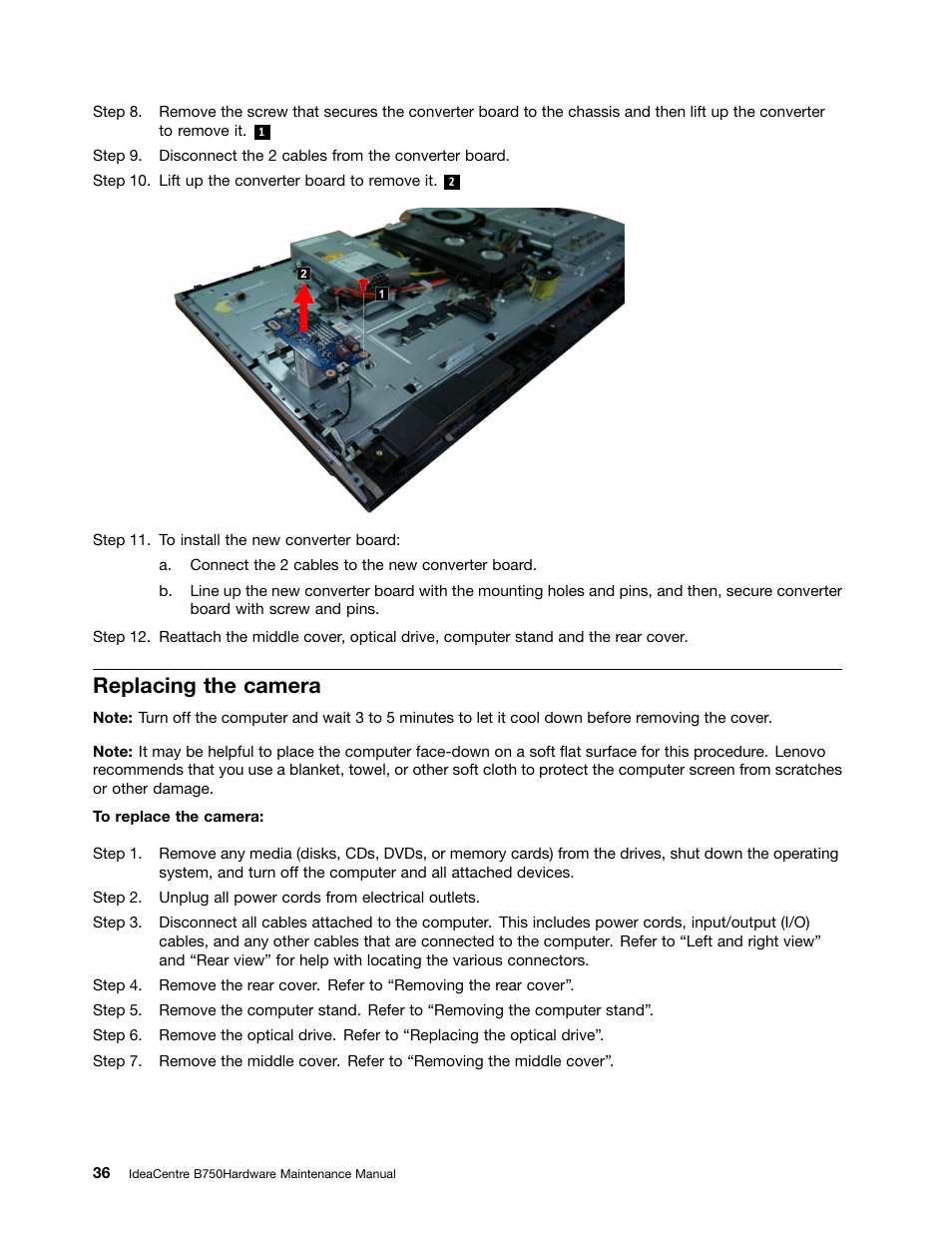 Replacing the camera | Lenovo IdeaCentre B750 All-in-One User Manual | Page 42 / 61
