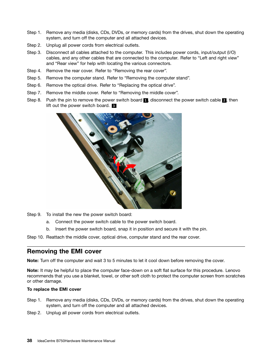 Removing the emi cover | Lenovo IdeaCentre B750 All-in-One User Manual | Page 44 / 61
