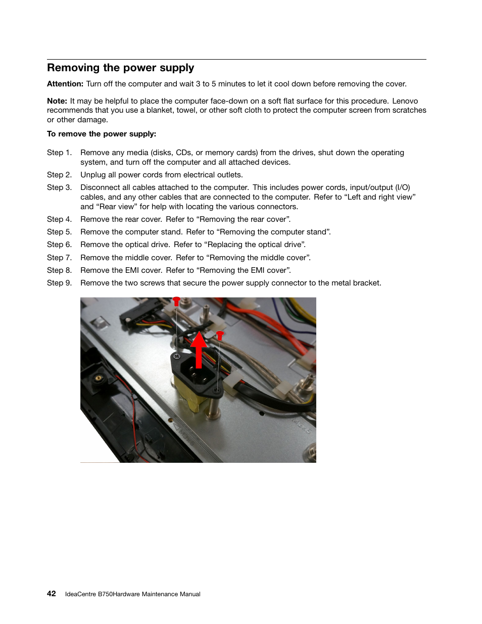 Removing the power supply | Lenovo IdeaCentre B750 All-in-One User Manual | Page 48 / 61