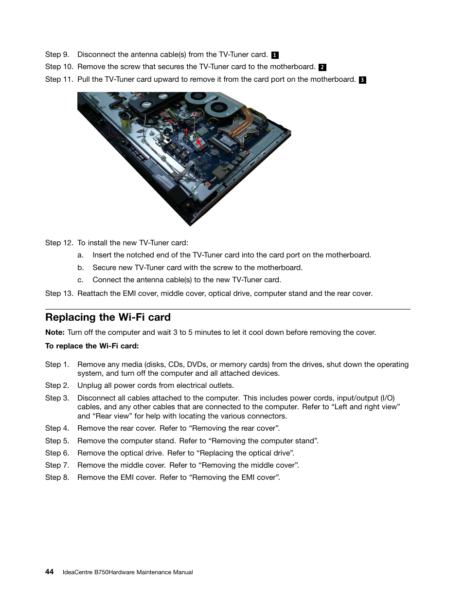 Replacing the wi-fi card | Lenovo IdeaCentre B750 All-in-One User Manual | Page 50 / 61