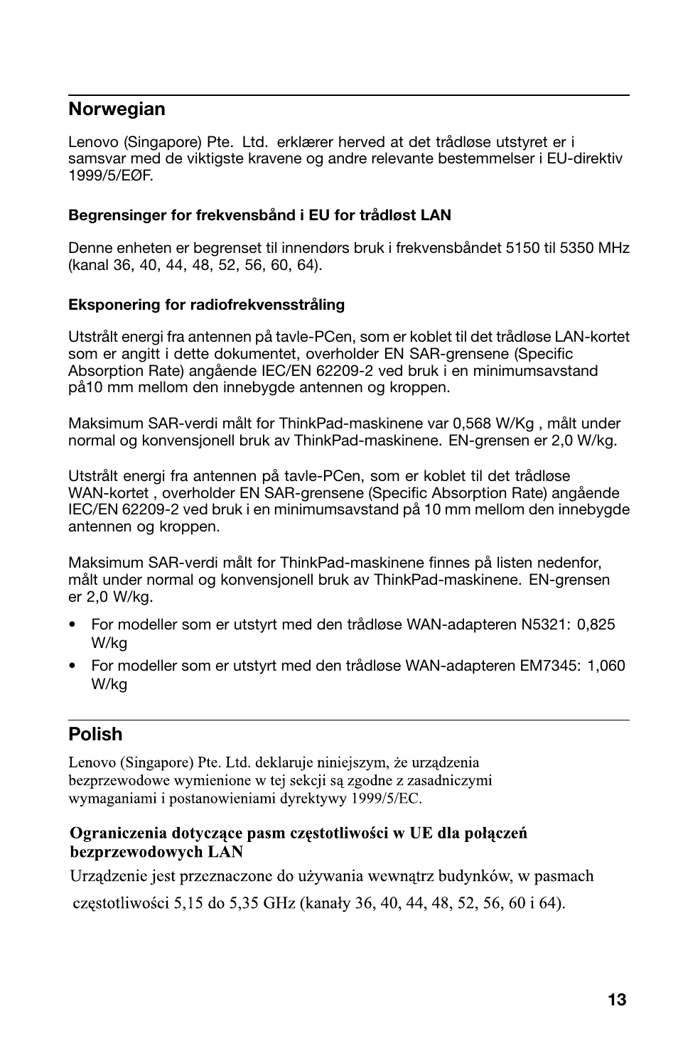 Norwegian, Polish | Lenovo ThinkPad 10 User Manual | Page 13 / 22
