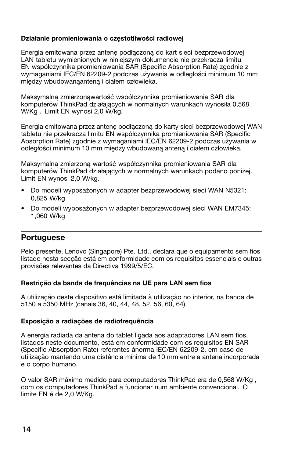 Portuguese | Lenovo ThinkPad 10 User Manual | Page 14 / 22