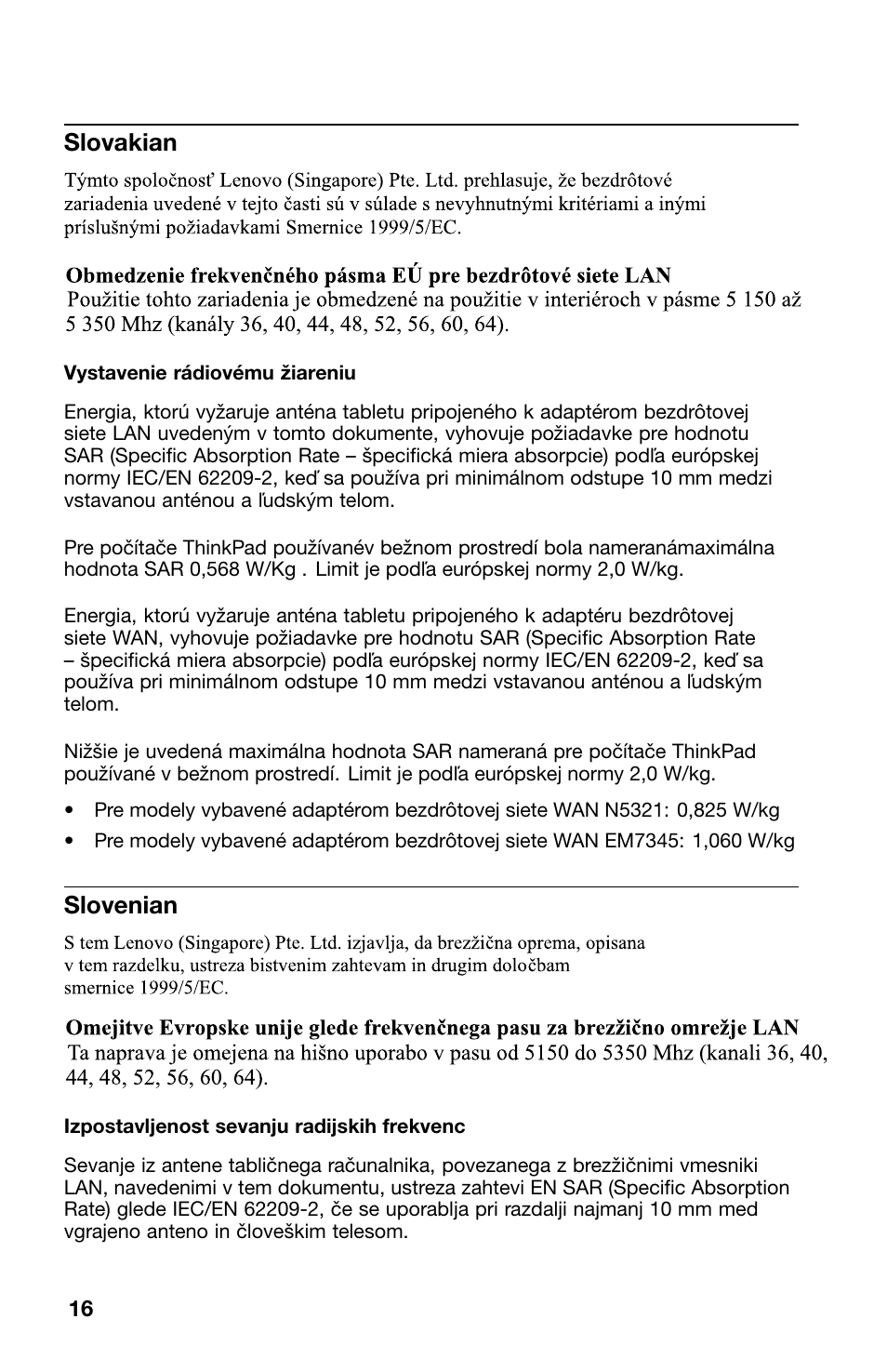 Slovakian, Slovenian | Lenovo ThinkPad 10 User Manual | Page 16 / 22