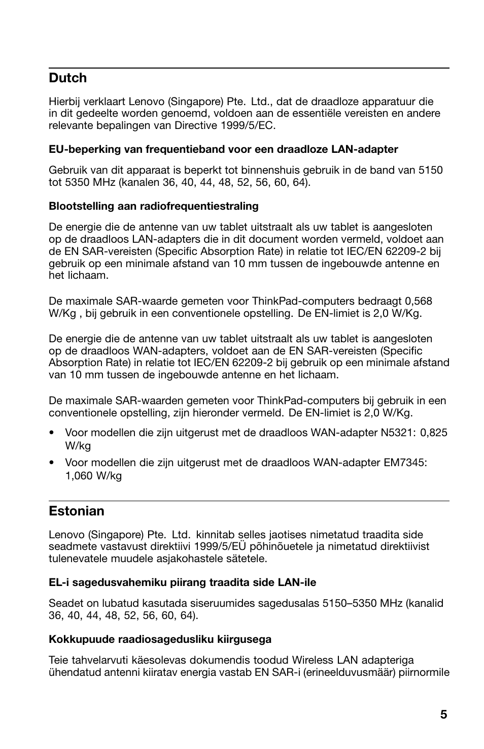 Dutch, Estonian | Lenovo ThinkPad 10 User Manual | Page 5 / 22