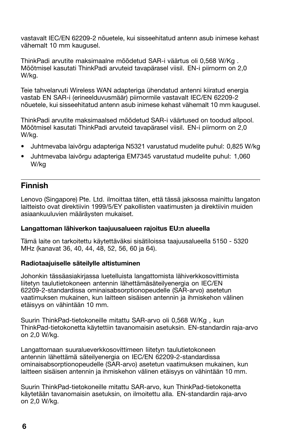 Finnish | Lenovo ThinkPad 10 User Manual | Page 6 / 22