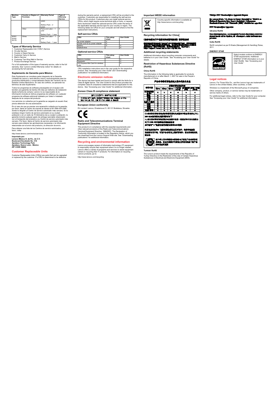 Types of warranty service, Suplemento de garantía para méxico, Customer replaceable units | Self-service crus, Optional-service crus, Electronic emission notices, Korean class b compliance statement, European union conformity, Recycling and environmental information, Important weee information | Lenovo E49 Notebook User Manual | Page 2 / 2