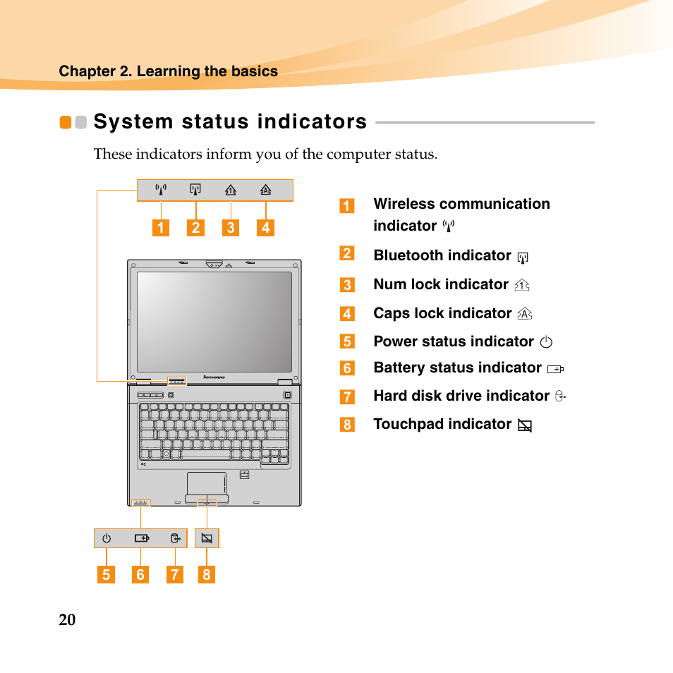 System status indicators | Lenovo E46 Notebook User Manual | Page 24 / 38