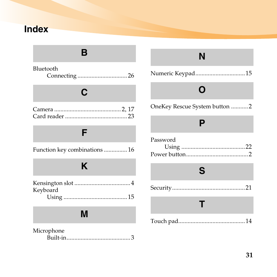 Index | Lenovo E46 Notebook User Manual | Page 35 / 38