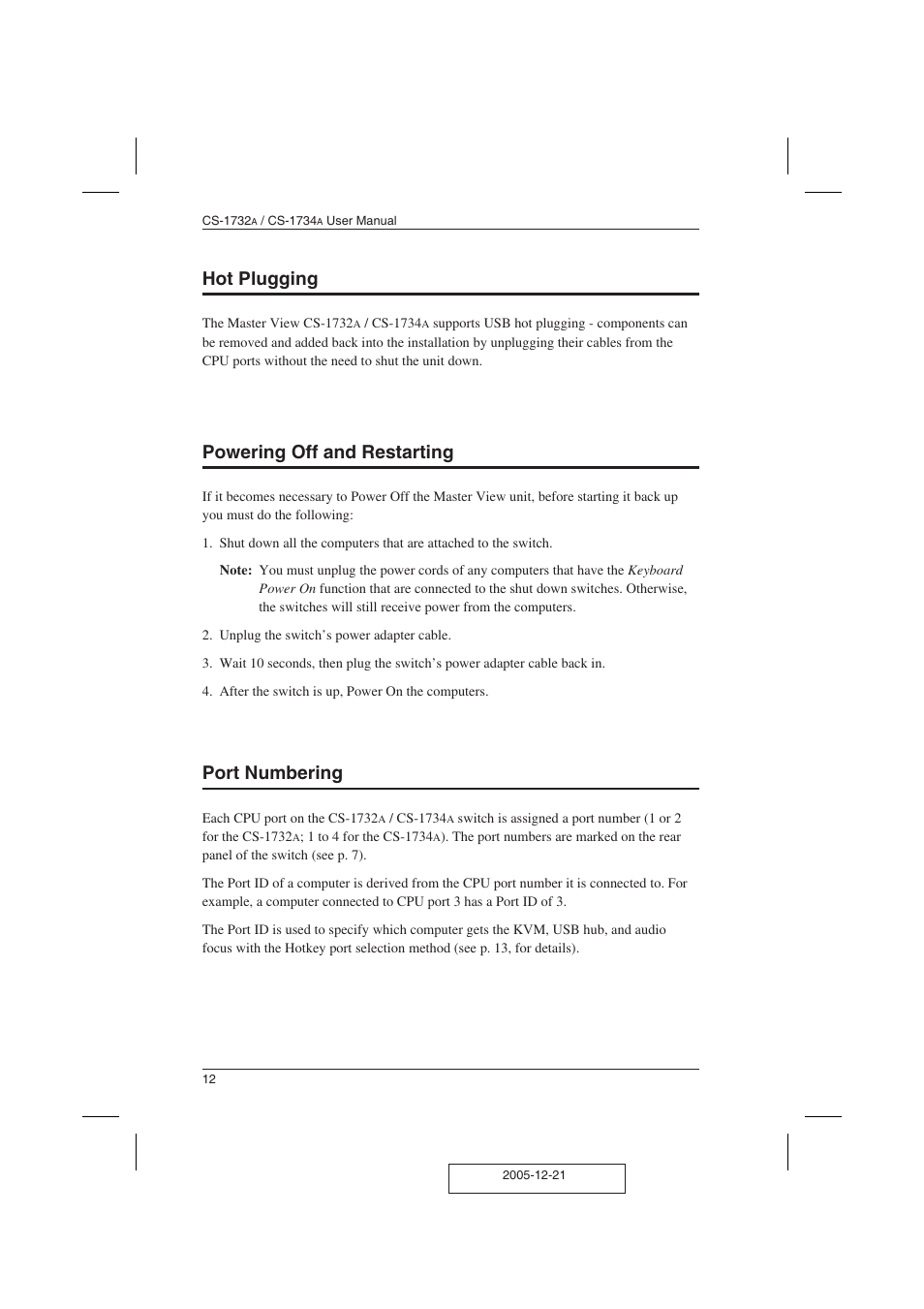 Hot plugging, Powering off and restarting, Port numbering | ATEN ATEN MasterView CS-1732A User Manual | Page 18 / 37
