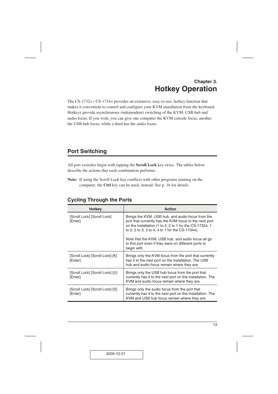 Hotkey operation, Port switching, Cycling through the ports | ATEN ATEN MasterView CS-1732A User Manual | Page 19 / 37