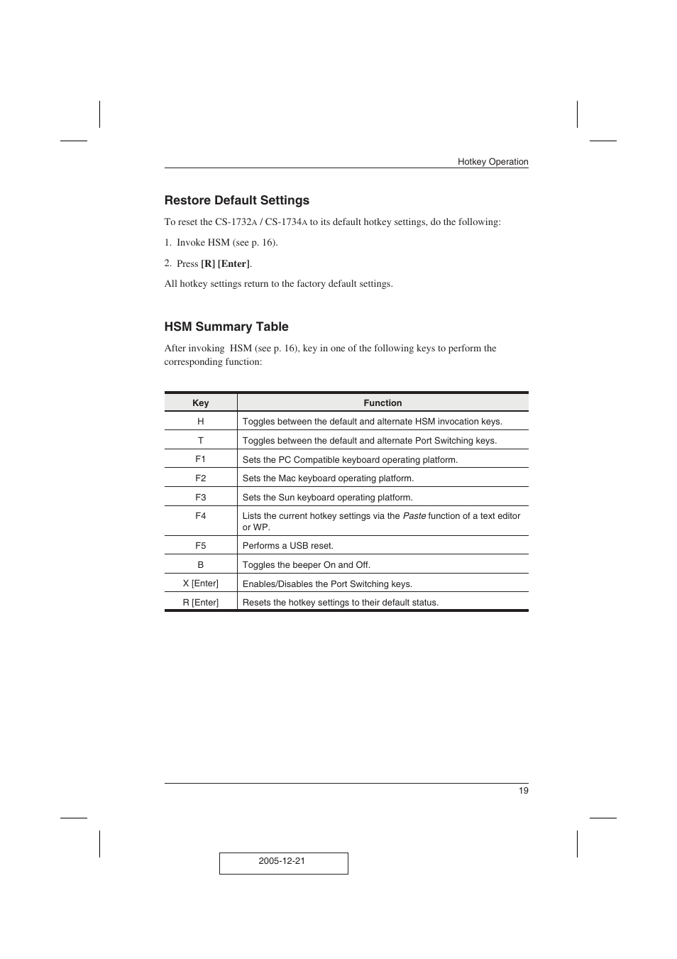 Restore default settings, Hsm summary table | ATEN ATEN MasterView CS-1732A User Manual | Page 25 / 37