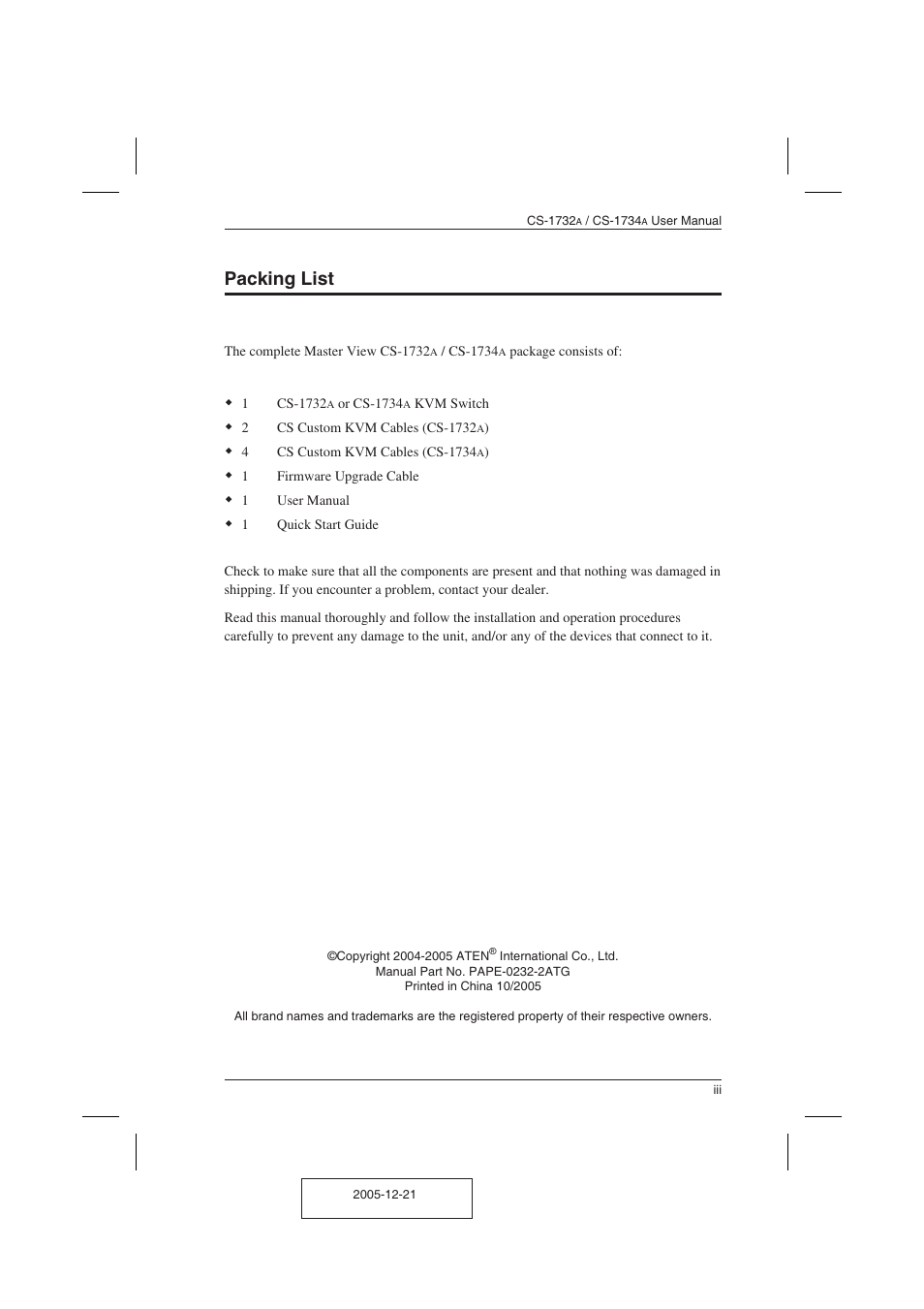 Packing list | ATEN ATEN MasterView CS-1732A User Manual | Page 3 / 37