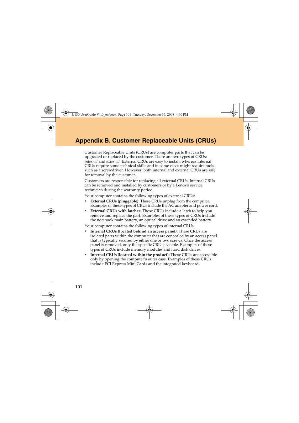 Appendix b. customer replaceable units (crus) | Lenovo IdeaPad U130 User Manual | Page 110 / 136