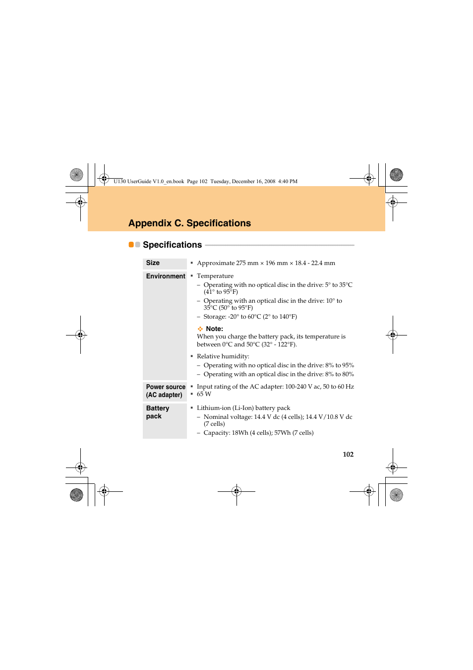 Appendix c. specifications, Specifications | Lenovo IdeaPad U130 User Manual | Page 111 / 136