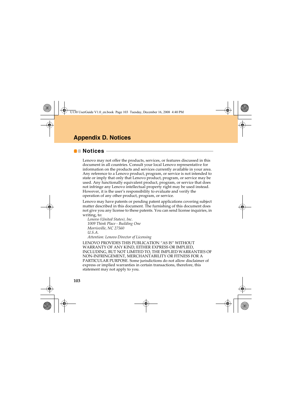 Appendix d. notices, Notices | Lenovo IdeaPad U130 User Manual | Page 112 / 136